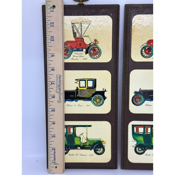 VTG 60s Antique Car Print Set-of-2 Wooden Wall Plaques Retro Nostalgic - Picture 9 of 10
